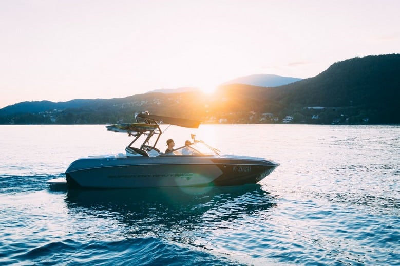 A speed boat on the water equipped for water sport sports