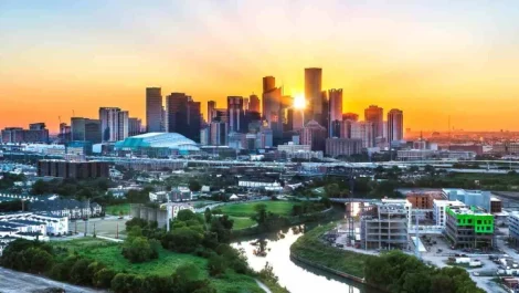 Part of the Houston, TX, skyline at sunset.