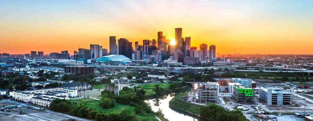 Part of the Houston, TX, skyline at sunset.