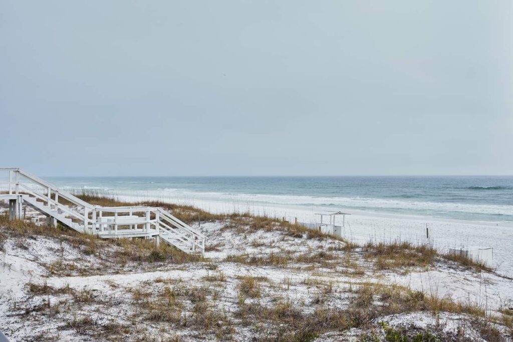 Palm trees and a lifeguard station on Clearwater Beach in Florida on a foggy day.